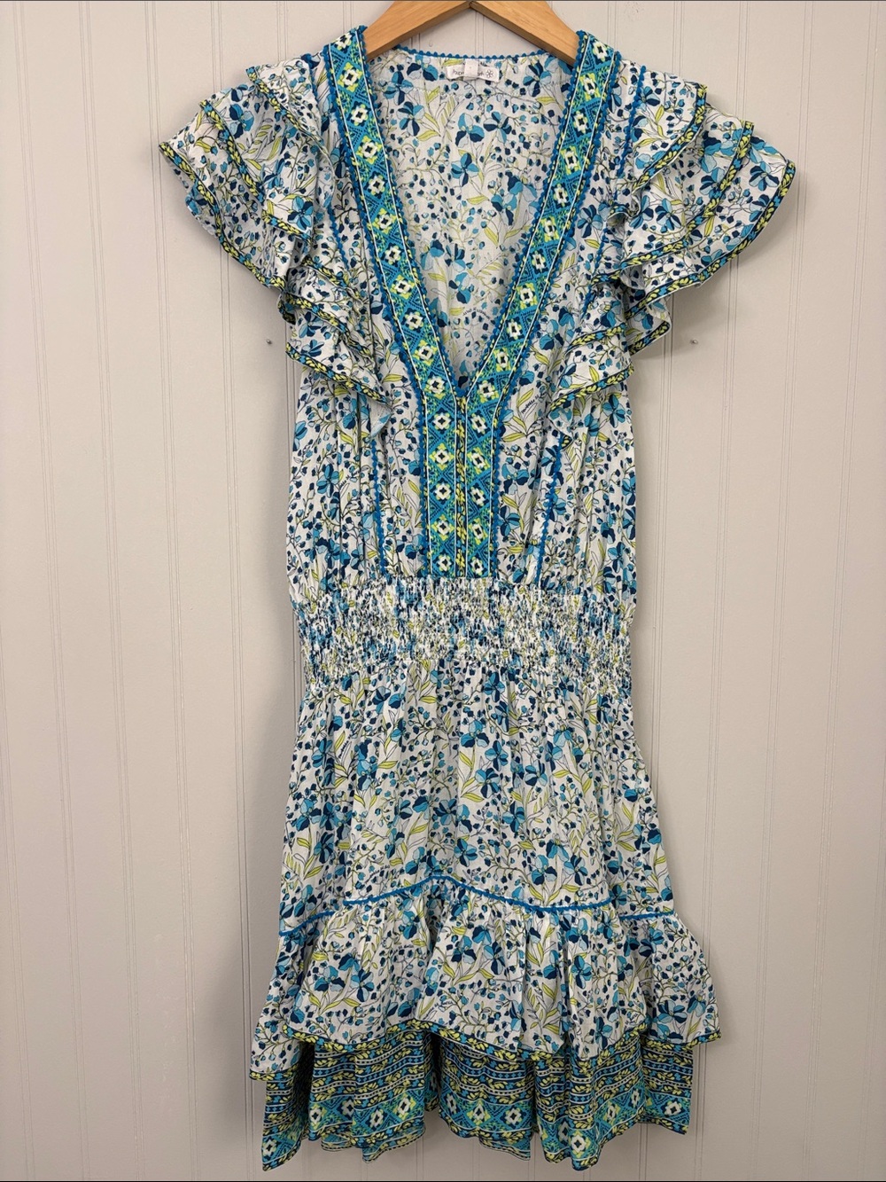 Poupette St Barth Short Sleeve Tiered Mini Dress Women Size Small Blue